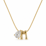 Sculptural Initial Pear Crystal Necklace – Gold Letter M Charm with Pear-Cut Crystal