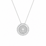 Silver necklace with a cross pendant on a white background