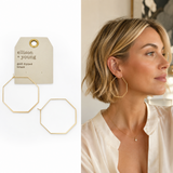 Gold-dipped brass hoop earrings with a geometric octagonal design, shown on a card labeled 'ellison + young' and worn by a blonde woman in a split-screen presentation.