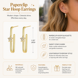 Gold paperclip star hoop earrings with product details on a blurred background