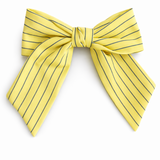 Striped ribbon bow hair clips in pastel pink with green stripes and soft yellow with blue stripes. The Striped Ribbon Bow Hair Clip – Classic Preppy Style adds a charming, polished accent to any hairstyle, blending playful color with timeless sophistication.