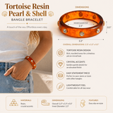 Tortoise Resin Pearl & Shell bangle bracelet with product details and a person wearing it.