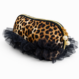 Leopard print pouch with black tulle and pearl accents on a white background