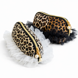 Two leopard print makeup bags with ruffled edges on a white background