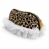 Leopard print pouch with ruffled white trim and pearl charm on a white background