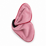 A pink microfiber cleaning cloth with a red stitched border and a black plastic loop, shown on a plain white background.