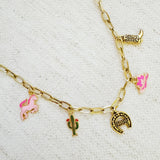Charm necklace with cactus and horseshoe – western good luck necklace