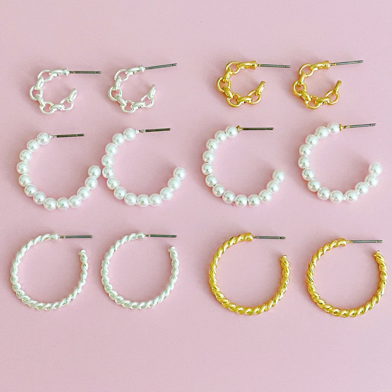 Set Of 3, Pearl And Chain Hoop Earrings