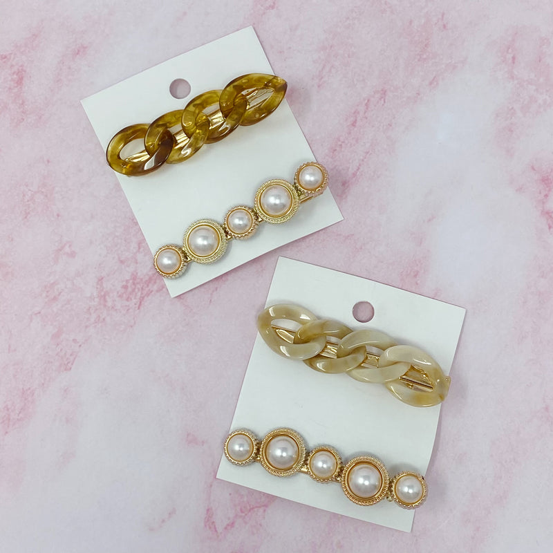 Marble Chain And Pearl Hair Clip Set