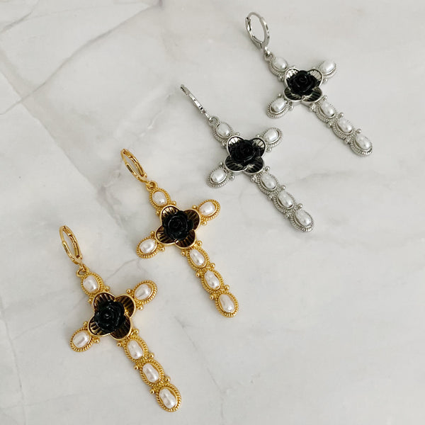 Black Rose Cross Earrings