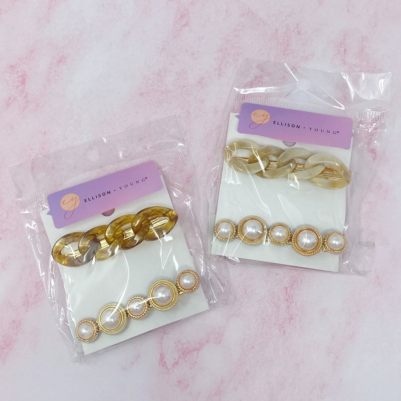 Marble Chain And Pearl Hair Clip Set