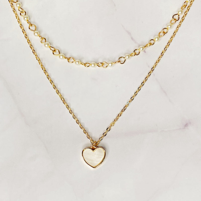 Layered Pearl Chain Heart Necklace