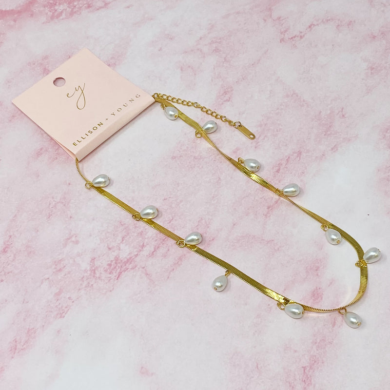 Pearl Drop Herringbone Chain Necklace