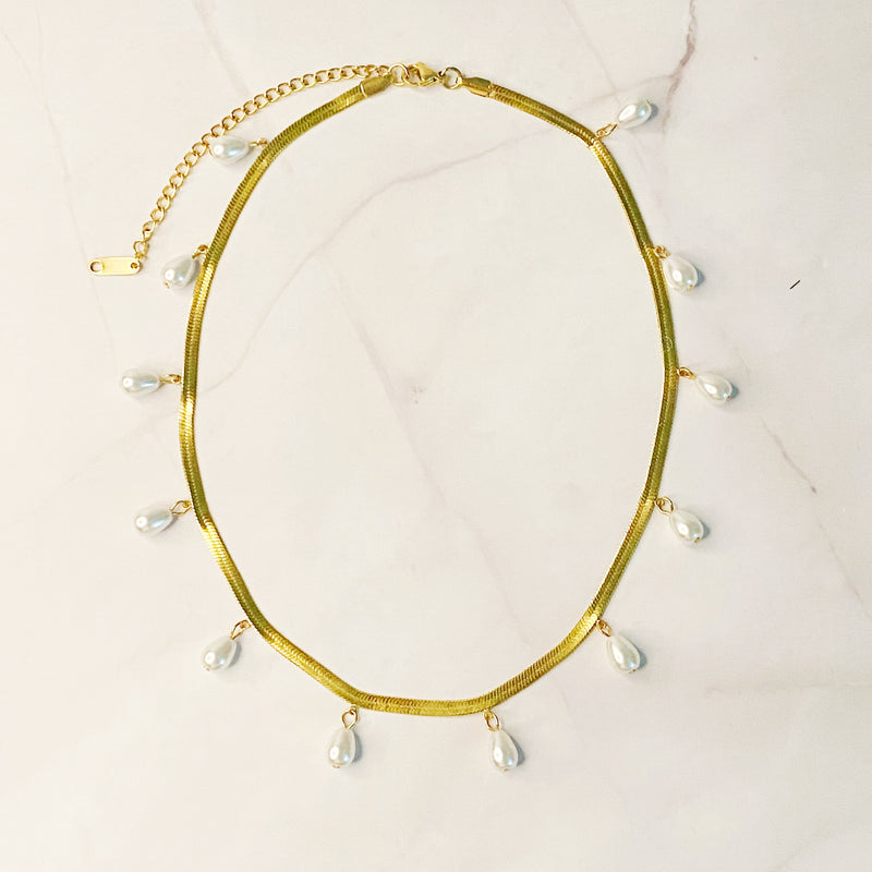 Pearl Drop Herringbone Chain Necklace