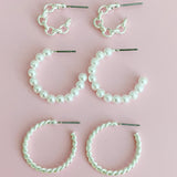 Set Of 3, Pearl And Chain Hoop Earrings