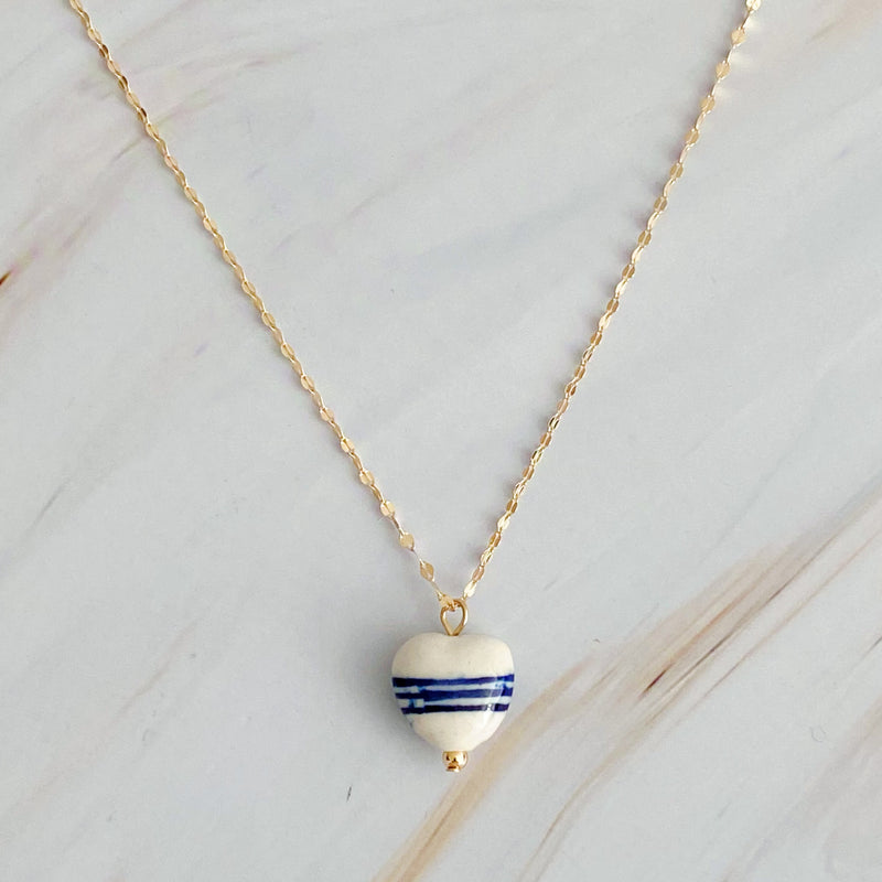 Blue Striped Ceramic Heart Pendant Necklace