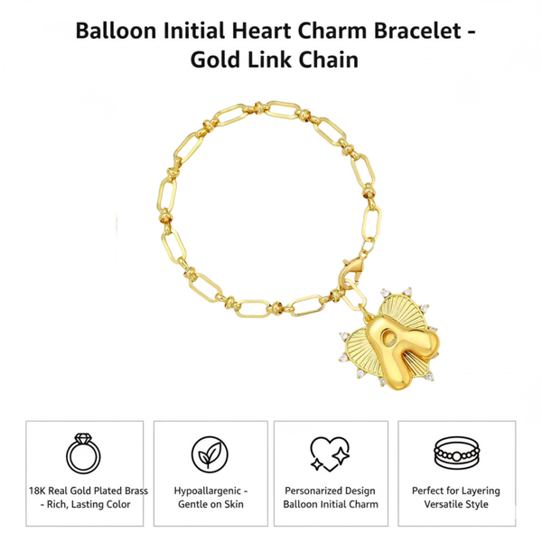 Gold link chain bracelet featuring a whimsical balloon-style initial charm paired with a polished heart charm, creating a playful yet chic accessory perfect for personal styling or gifting.