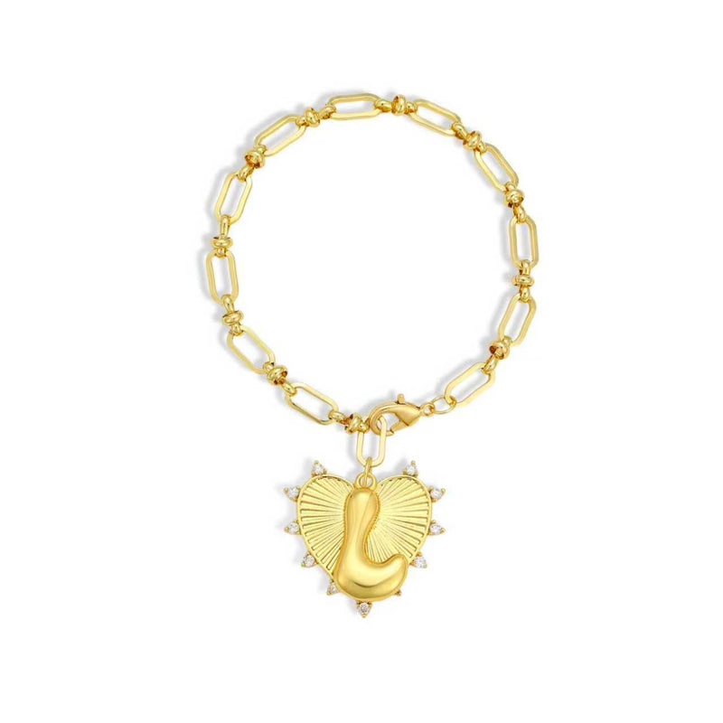 Gold chain bracelet with a heart-shaped charm and initial letter L over the heart charm on a white background