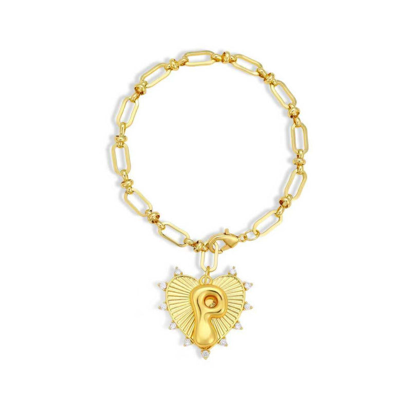 Gold chain bracelet with a heart-shaped charm and initial letter P over the heart charm on a white background