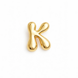 Glossy, balloon-style metal initial brooch pins in a playful, rounded design, available in multiple letters with a puffy, dimensional shape and metallic finish.