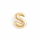 Glossy, balloon-style metal initial brooch pins in a playful, rounded design, available in multiple letters with a puffy, dimensional shape and metallic finish.