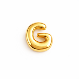 Glossy, balloon-style metal initial brooch pins in a playful, rounded design, available in multiple letters with a puffy, dimensional shape and metallic finish.