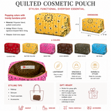 A product infographic for a quilted cosmetic pouch, showing the pouch in multiple colors, dimensions, material details, styling tips, and icons indicating features like lightweight, spacious, and gift-ready. The main featured pouch is yellow with a black sunburst pattern.