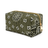 a quilted paisley bandana print cosmetic case in olive green with gold zipper on white background