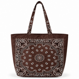 Ellison+Young Bandana Market Tote Bag in Coco Brown with black paisley bandana print