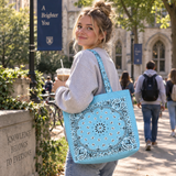 Model wearing Ellison+Young Bandana Market Tote Bag in Sky Blue over shoulder
