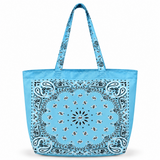 Ellison+Young Bandana Market Tote Bag in Sky Blue with black paisley bandana print