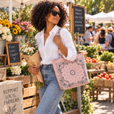 Model wearing Ellison+Young Bandana Market Tote Bag in Mushroom Taupe over shoulder