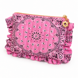 a bandana print ruffled and quilted pouch in pink on white background