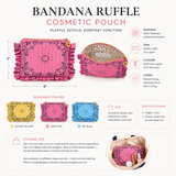 Infographic for the Ellison + Young Bandana Ruffle Cosmetic Pouch featuring a quilted flat pouch with playful ruffle trim. The layout showcases a front view with dimensions (approximately 8" W × 5" H), an open view highlighting the signature floral fabric lining, and key features including 100% polyester quilted construction, gold-tone zipper with daisy zipper pull, and lightweight 1.8 oz design. Three available colors—butter yellow, indie pink, and sky blue—are displayed along the bottom. 