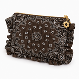 A dark brown bandana-patterned clutch pouch with white paisley and floral motifs, featuring ruffled edges and a gold-tone zipper.