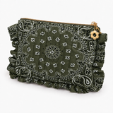 An olive green bandana pouch with white paisley and floral patterns, featuring ruffled edges and a gold-tone zipper with a flower charm.