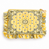 a bandana print ruffled and quilted pouch in yellow laid flat, white background