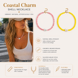 Shell necklace with pink and yellow beads, worn by a woman, on a white background with product details.