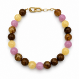 A beaded necklace with alternating polished brown, yellow, and pink gemstone beads, finished with a gold-tone chain clasp, shown on a plain white background.