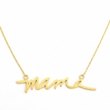 Gold chain necklace featuring the word “Mama” in a large, bold cursive font, designed to make a statement with a heartfelt touch.