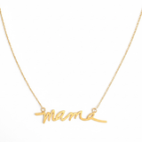 Gold chain necklace featuring the word “Mama” in a large, bold cursive font, designed to make a statement with a heartfelt touch.