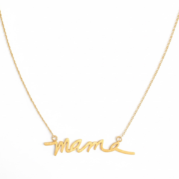 Gold chain necklace featuring the word “Mama” in a large, bold cursive font, designed to make a statement with a heartfelt touch.