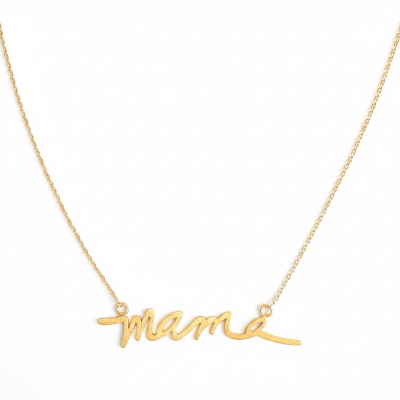 Gold chain necklace featuring the word “Mama” in a large, bold cursive font, designed to make a statement with a heartfelt touch.