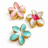 3 flower shaped hair claw, gold finish with colored enamel finish petals