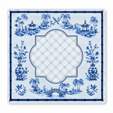 Ellison+Young Blue Porcelain Mahjong Playing Mat rolled out on a white background, showing the blue and white porcelain-inspired garden print.