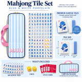 Infographic highlighting the features of the Blue Porcelain Mahjong Tile Set, including 160 crystal acrylic tiles, 2 dice, Mah Jong score cards, and a striped storage bag.