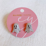 Sparkly ghost-shaped earrings with stone accents and playful expressions, combining spooky charm with glamorous bling for a festive Halloween accessory