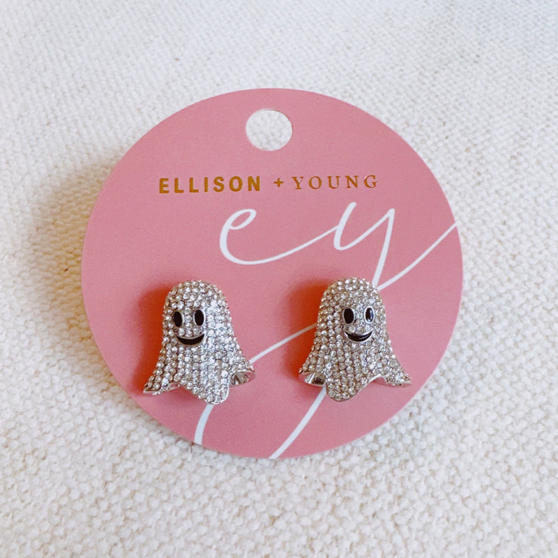 Sparkly ghost-shaped earrings with stone accents and playful expressions, combining spooky charm with glamorous bling for a festive Halloween accessory