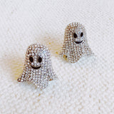 Sparkly ghost-shaped earrings with stone accents and playful expressions, combining spooky charm with glamorous bling for a festive Halloween accessory