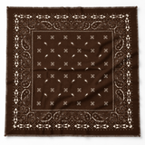 A square brown bandana with a classic paisley border and central pattern, laid flat against a white background.